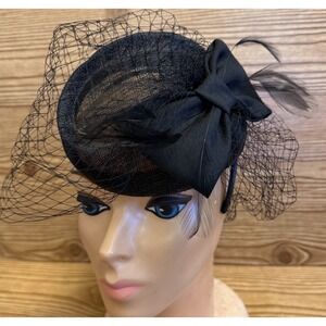 Vintage Black Pillbox Hat with Black Veil Feathers Now Headband